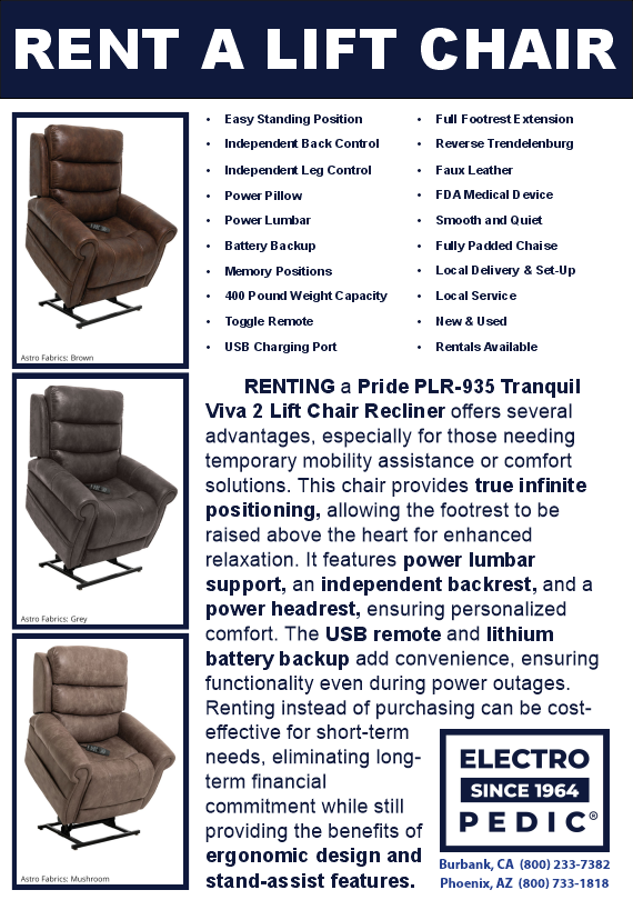 Los Angeles rent an electric lift chair recliner by golden or pride
